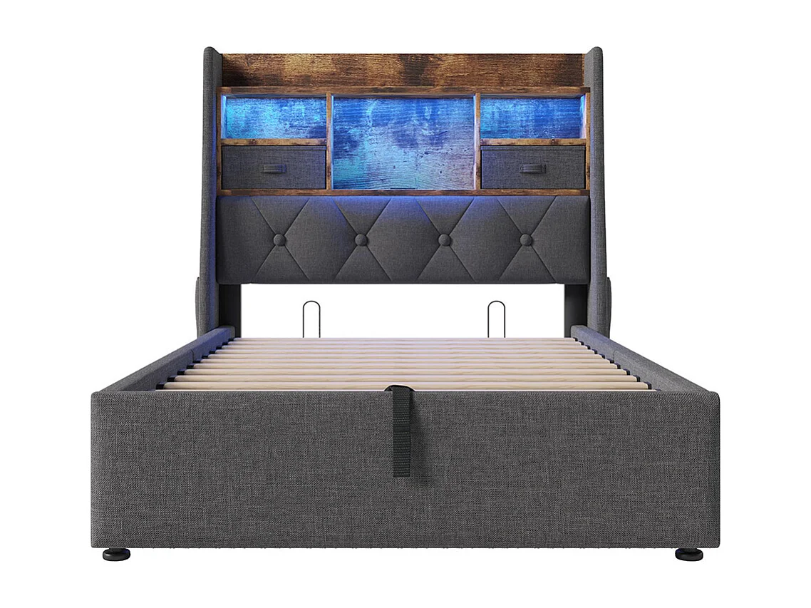 Lit coffre rembourré 90x200 cm espace rangement hydraulique tête lit LED 4 stations recharge USB Type-C simple sommier lattes tissu lin gris