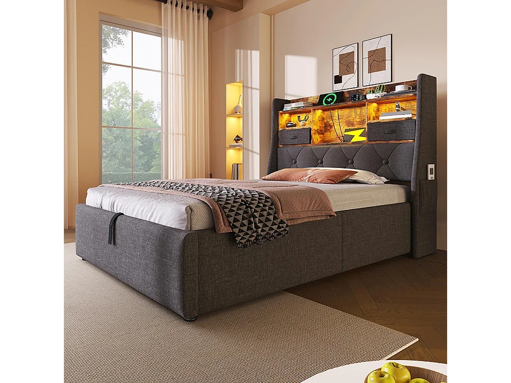Lit coffre rembourré 90x200 cm espace rangement hydraulique tête lit LED 4 stations recharge USB Type-C simple sommier lattes tissu lin gris