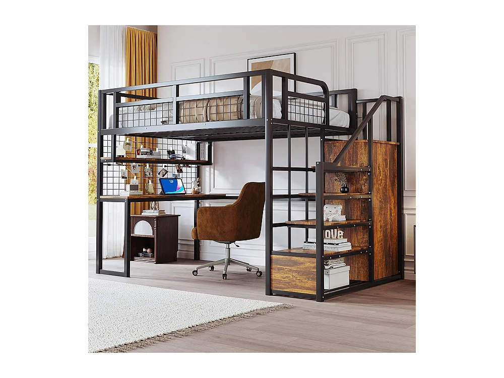 Lit mezzanine en métal 140x200 cm avec échelle rangement et armoire étagère table filet cadre stable noir
