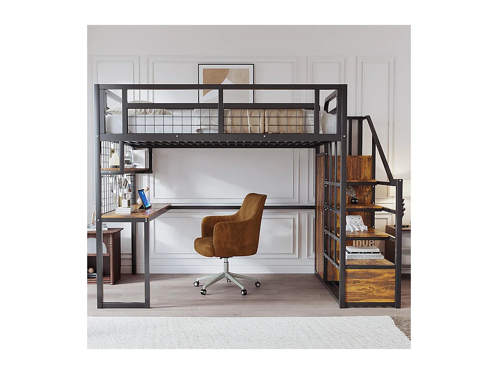 Lit mezzanine en métal 140x200 cm avec échelle rangement et armoire étagère table filet cadre stable noir