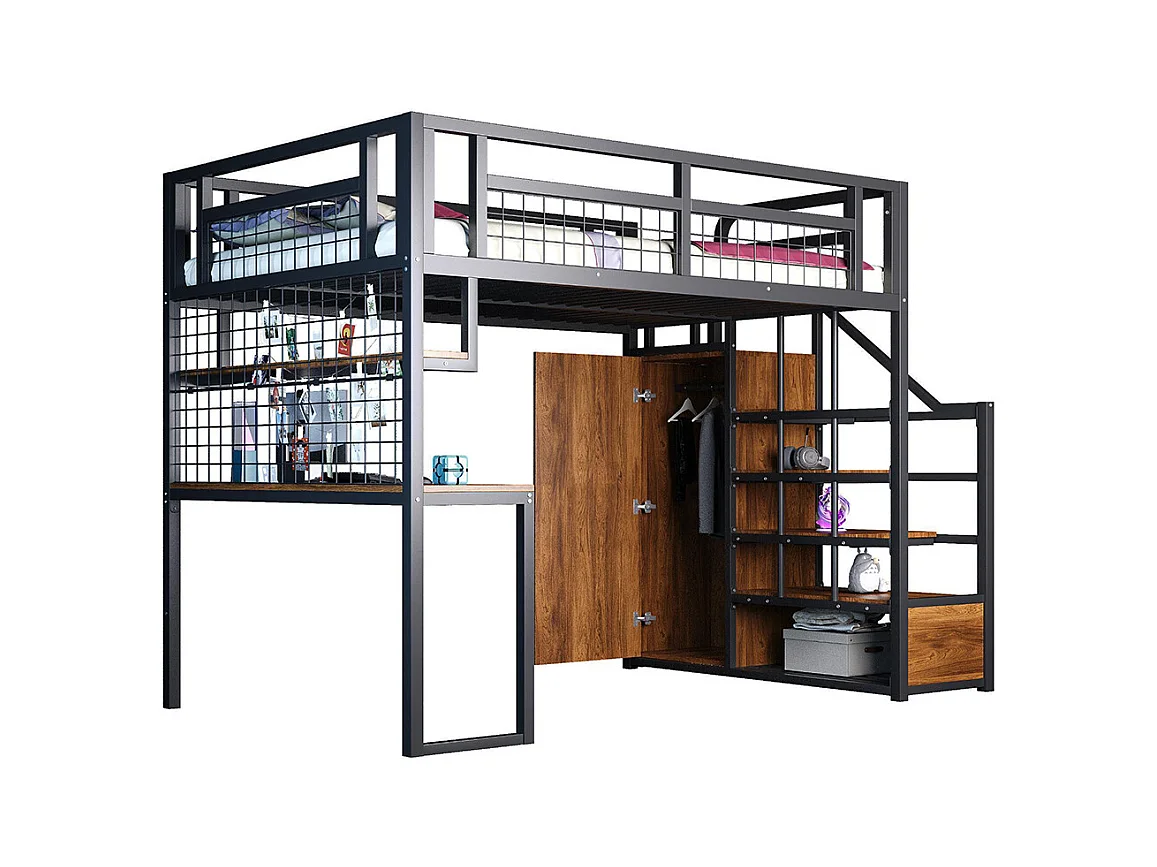 Lit mezzanine en métal 140x200 cm avec échelle rangement et armoire étagère table filet cadre stable noir