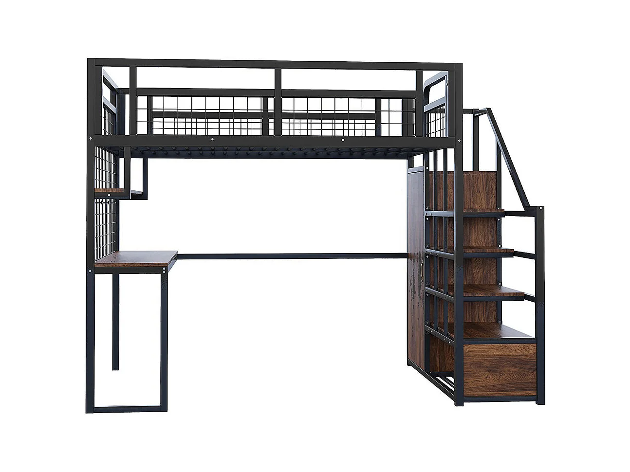 Lit mezzanine en métal 140x200 cm avec échelle rangement et armoire étagère table filet cadre stable noir