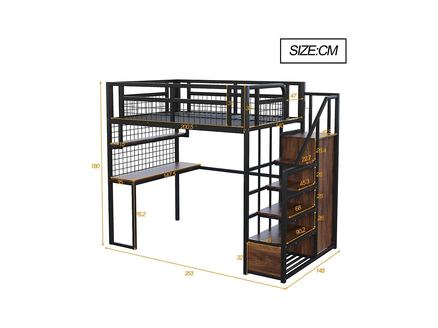Lit mezzanine en métal 140x200 cm avec échelle rangement et armoire étagère table filet cadre stable noir