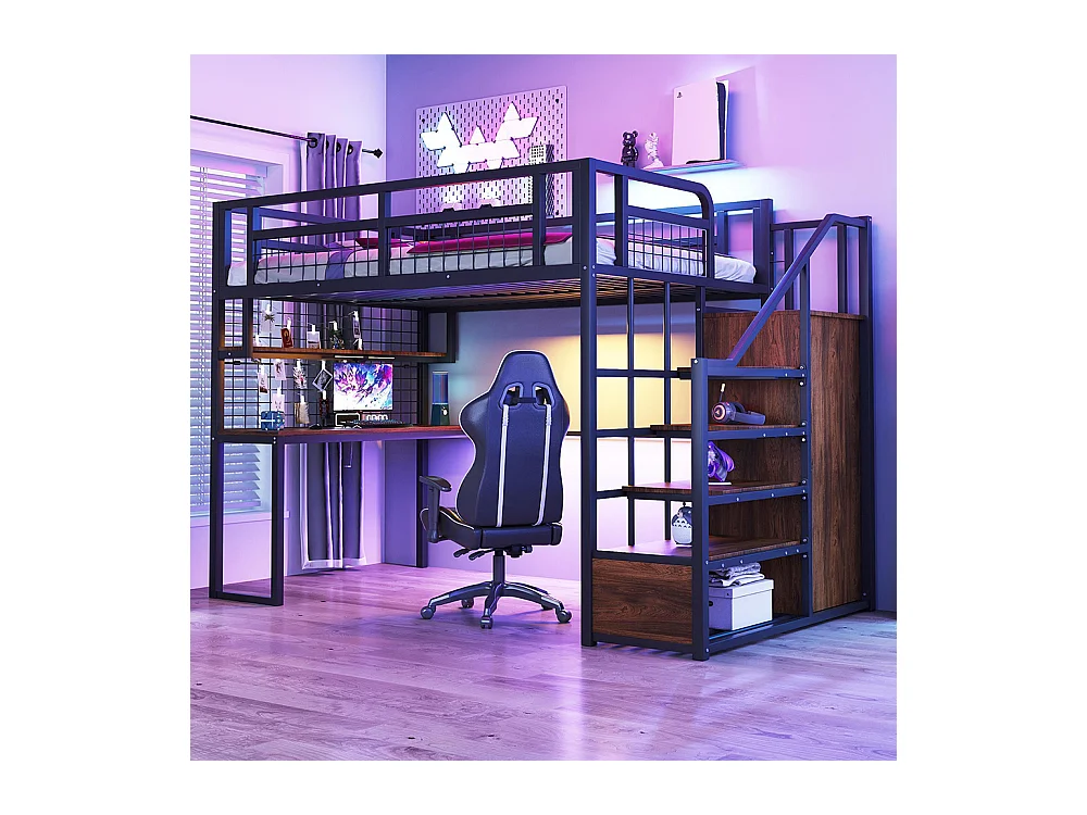 Lit mezzanine en métal 140x200 cm avec échelle rangement et armoire étagère table filet cadre stable noir