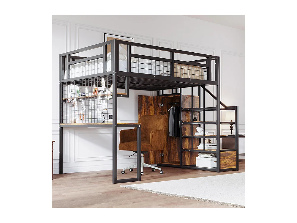 Lit mezzanine en métal 140x200 cm avec échelle rangement et armoire étagère table filet cadre stable noir