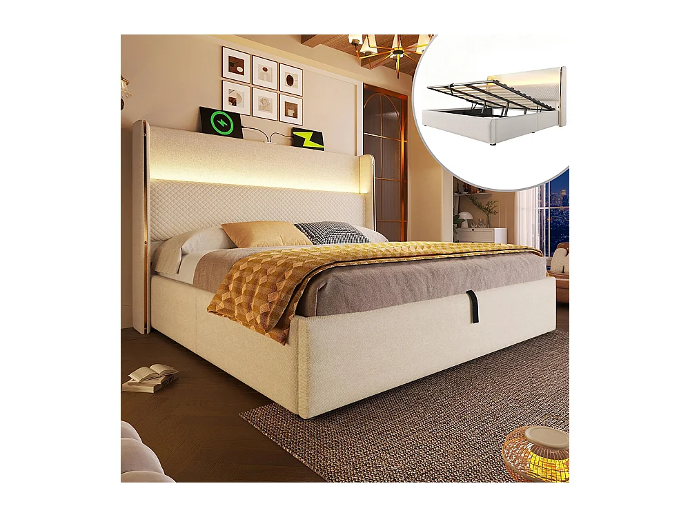 Lit coffre moderne tête lit haute double 160x200 cm éclairage LED espace rangement ports USB Type-C aspect lin beige sans matelas