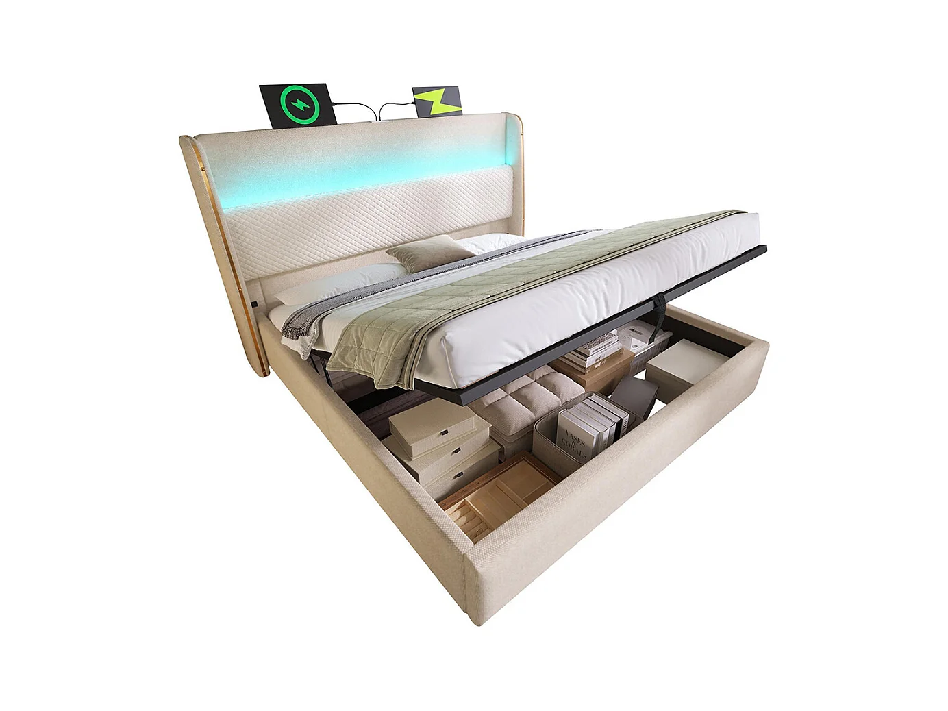 Lit coffre moderne tête lit haute double 160x200 cm éclairage LED espace rangement ports USB Type-C aspect lin beige sans matelas