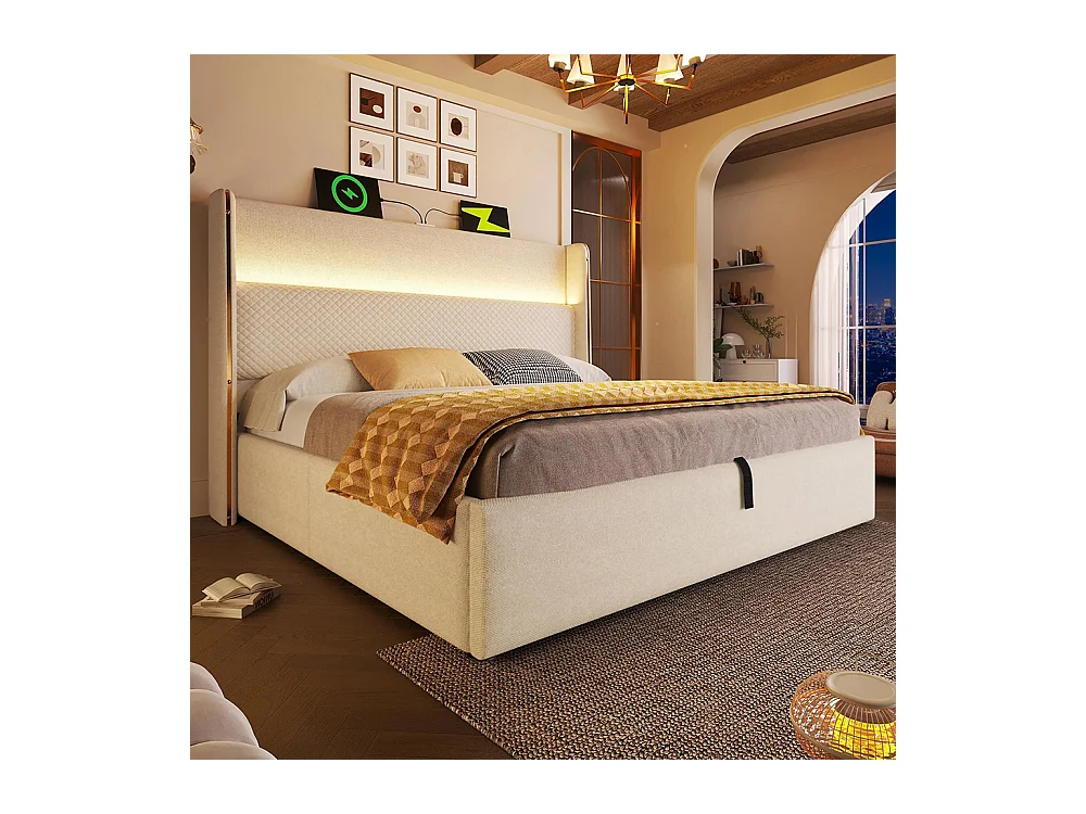 Lit coffre moderne tête lit haute double 160x200 cm éclairage LED espace rangement ports USB Type-C aspect lin beige sans matelas