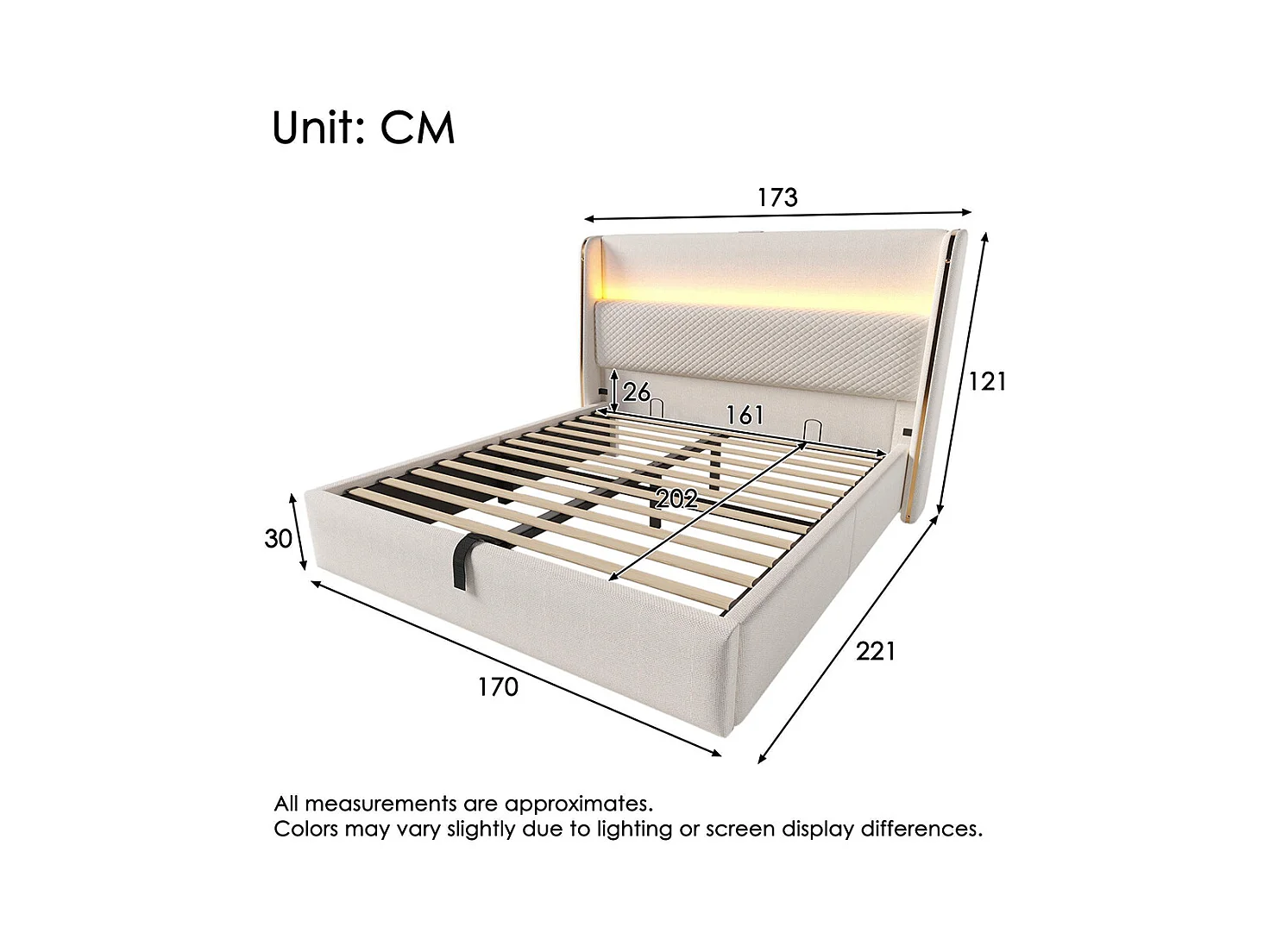 Lit coffre moderne tête lit haute double 160x200 cm éclairage LED espace rangement ports USB Type-C aspect lin beige sans matelas