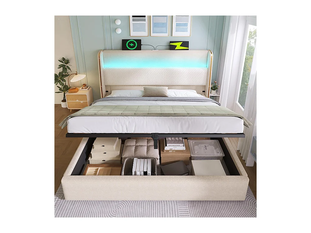 Lit coffre moderne tête lit haute double 160x200 cm éclairage LED espace rangement ports USB Type-C aspect lin beige sans matelas