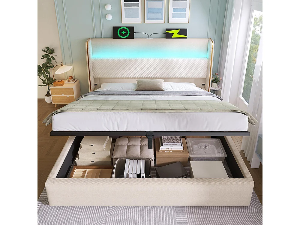 Lit coffre moderne tête lit haute double 160x200 cm éclairage LED espace rangement ports USB Type-C aspect lin beige sans matelas