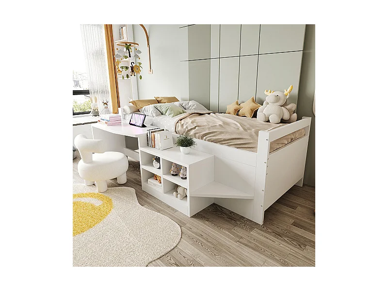 Lit combiné enfant 90x200 cm avec rangement bureau prises norme européenne lit simple en bois blanc