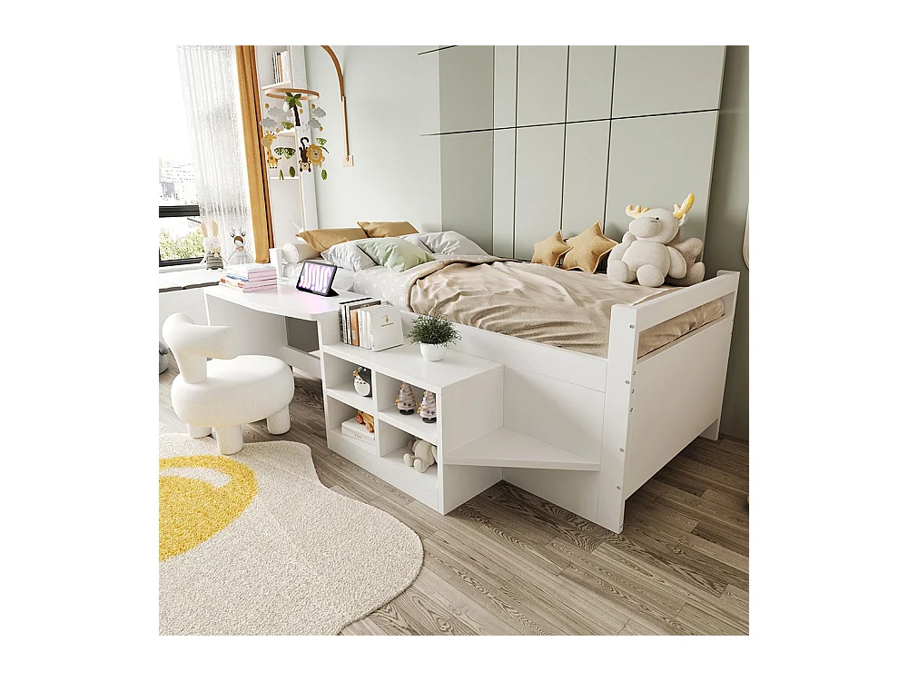 Lit combiné enfant 90x200 cm avec rangement bureau prises norme européenne lit simple en bois blanc