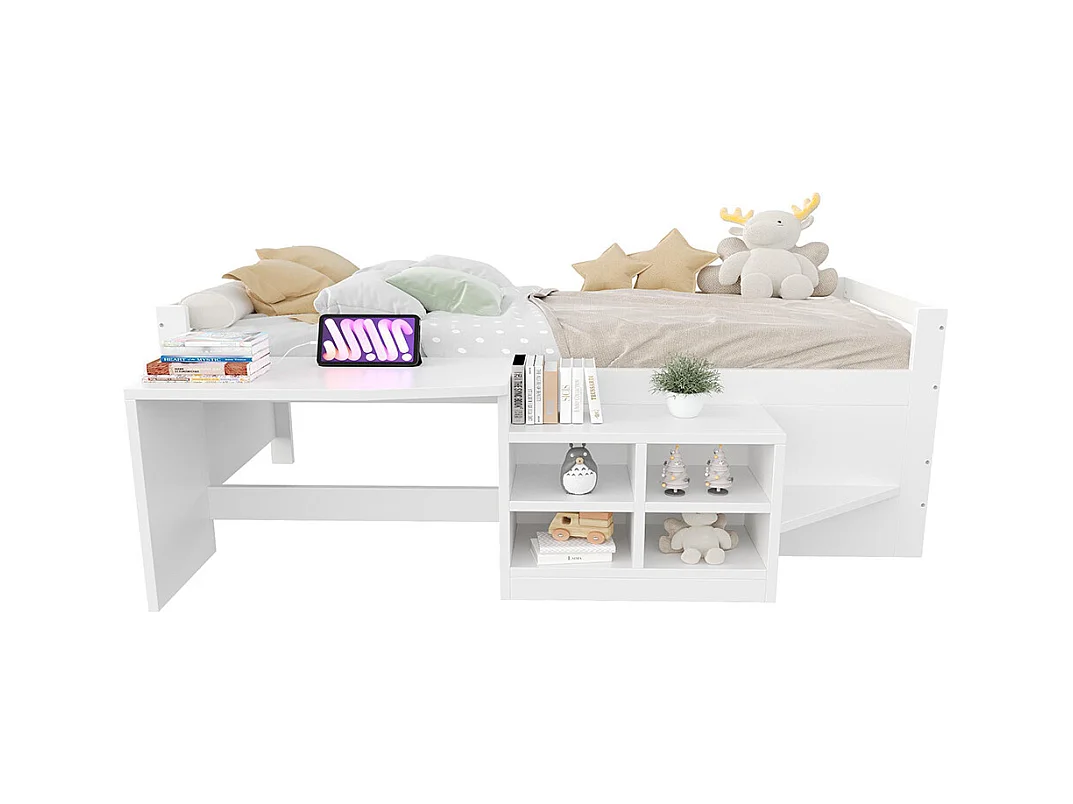 Lit combiné enfant 90x200 cm avec rangement bureau prises norme européenne lit simple en bois blanc