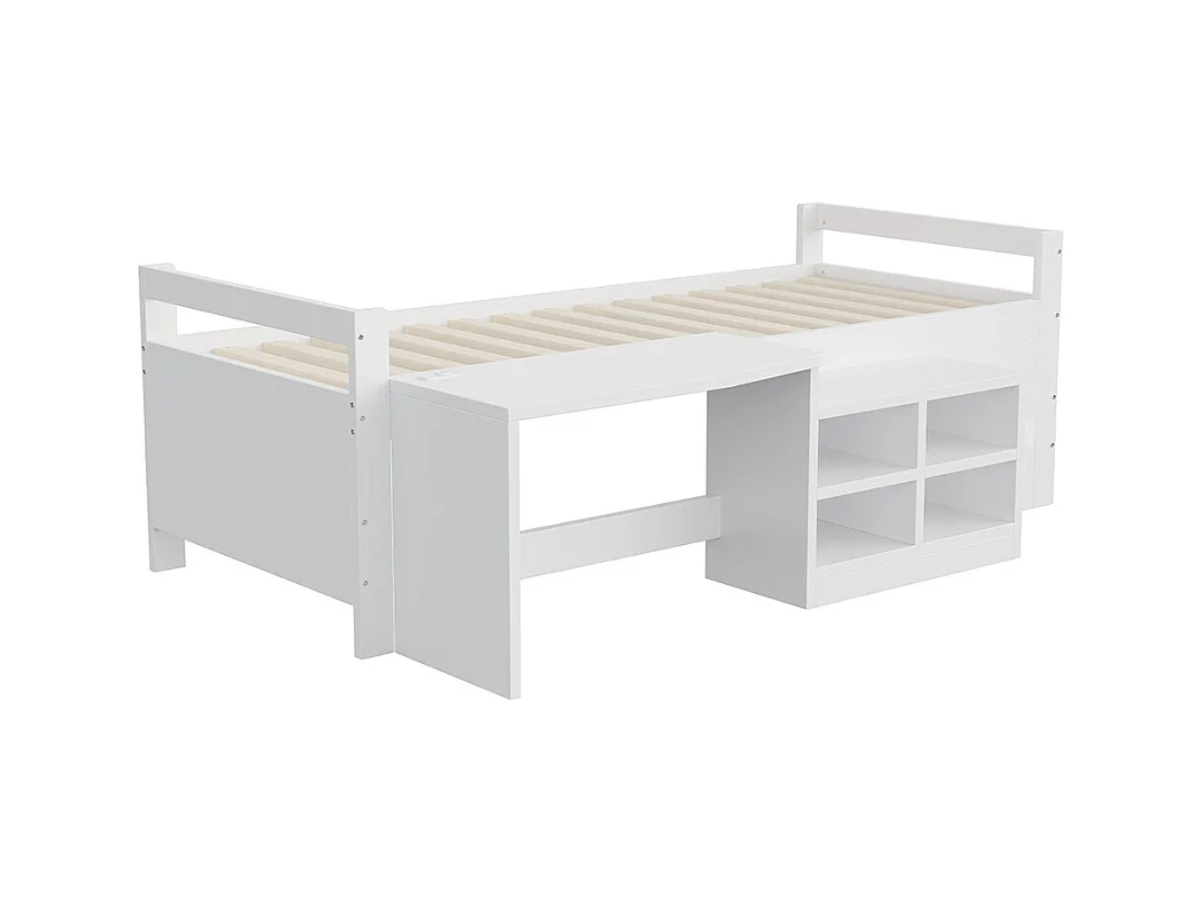 Lit combiné enfant 90x200 cm avec rangement bureau prises norme européenne lit simple en bois blanc