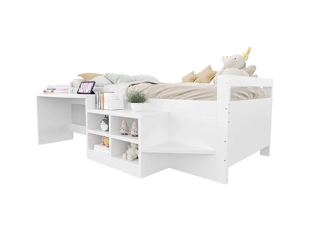 Lit combiné enfant 90x200 cm avec rangement bureau prises norme européenne lit simple en bois blanc
