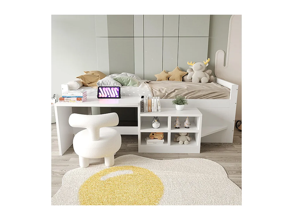 Lit combiné enfant 90x200 cm avec rangement bureau prises norme européenne lit simple en bois blanc