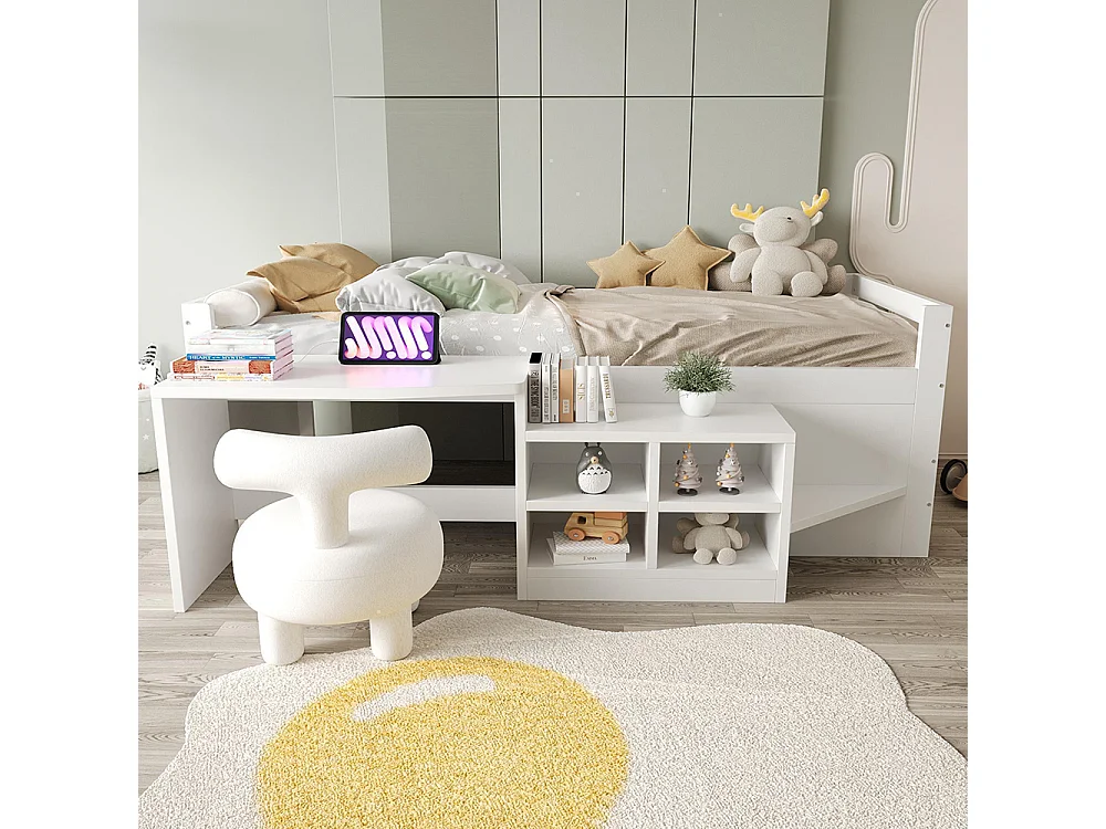 Lit combiné enfant 90x200 cm avec rangement bureau prises norme européenne lit simple en bois blanc