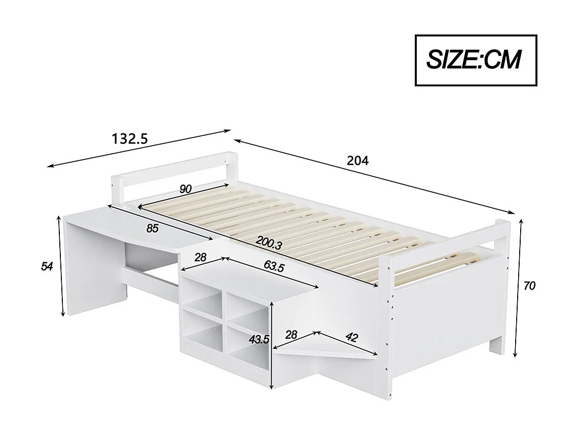 Lit combiné enfant 90x200 cm avec rangement bureau prises norme européenne lit simple en bois blanc