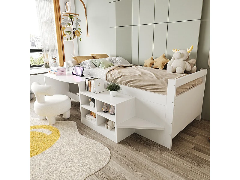 Lit combiné enfant 90x200 cm avec rangement bureau prises norme européenne lit simple en bois blanc