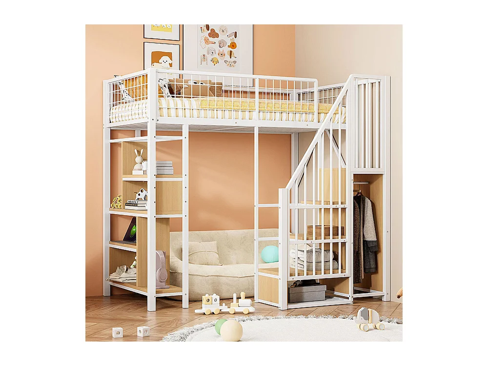 Lit mezzanine multifonctionnel 90x200 cm en métal avec rangement étagères escalier pour adulte et enfant blanc