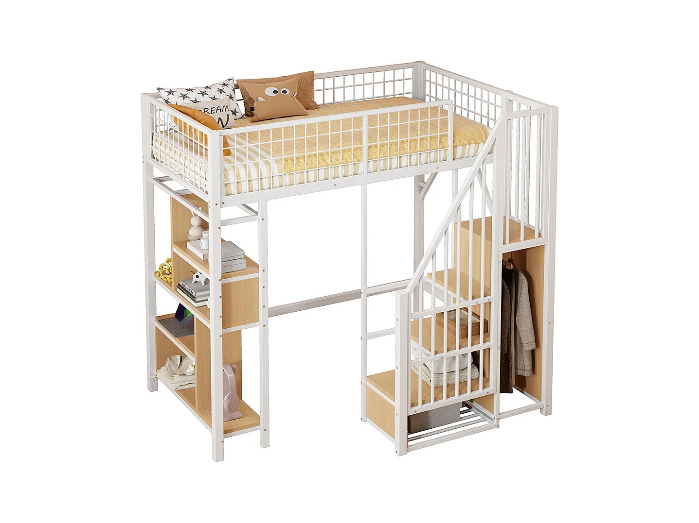 Lit mezzanine multifonctionnel 90x200 cm en métal avec rangement étagères escalier pour adulte et enfant blanc