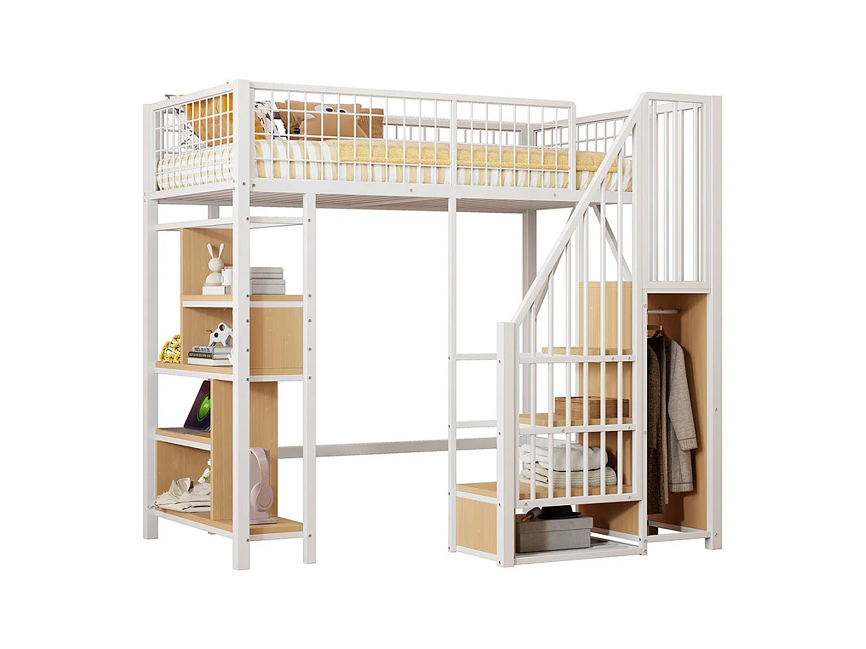 Lit mezzanine multifonctionnel 90x200 cm en métal avec rangement étagères escalier pour adulte et enfant blanc