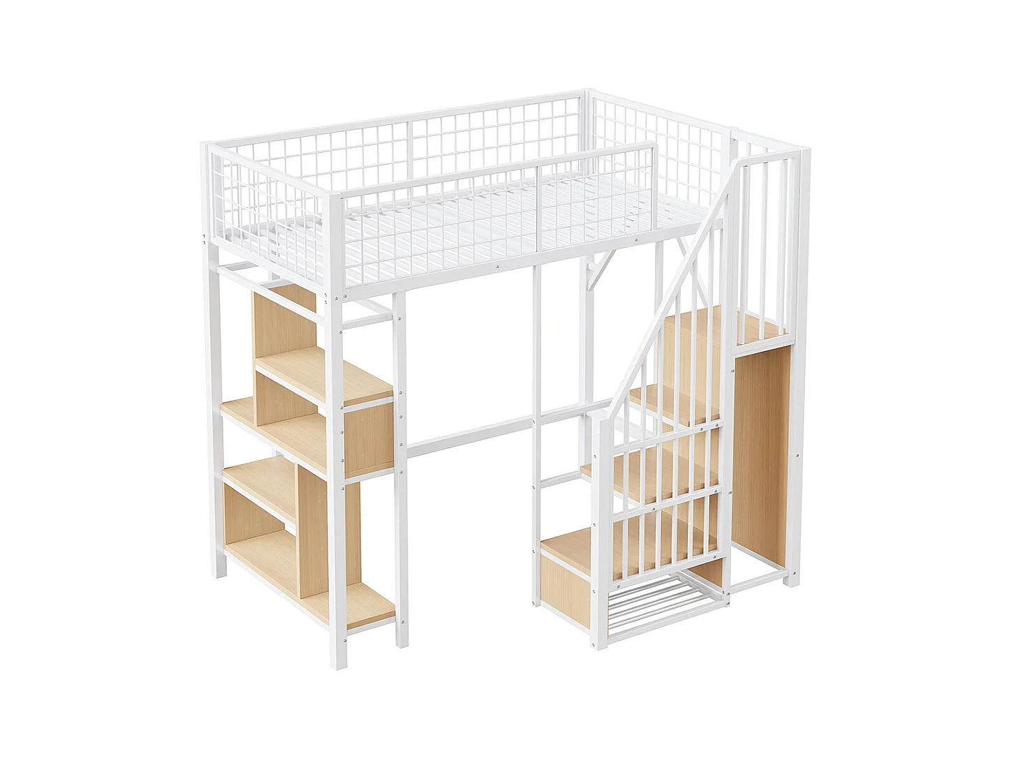 Lit mezzanine multifonctionnel 90x200 cm en métal avec rangement étagères escalier pour adulte et enfant blanc