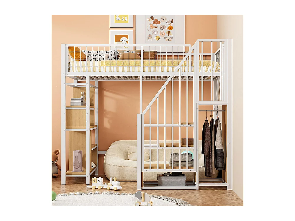 Lit mezzanine multifonctionnel 90x200 cm en métal avec rangement étagères escalier pour adulte et enfant blanc