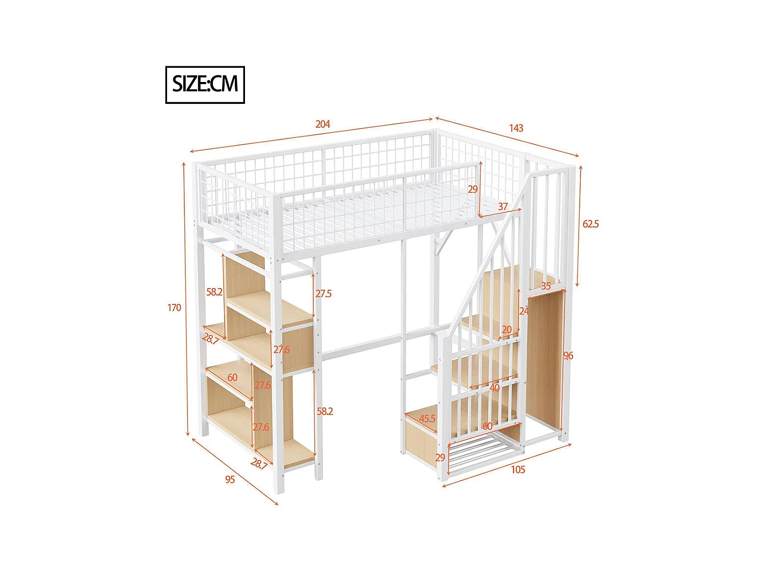 Lit mezzanine multifonctionnel 90x200 cm en métal avec rangement étagères escalier pour adulte et enfant blanc