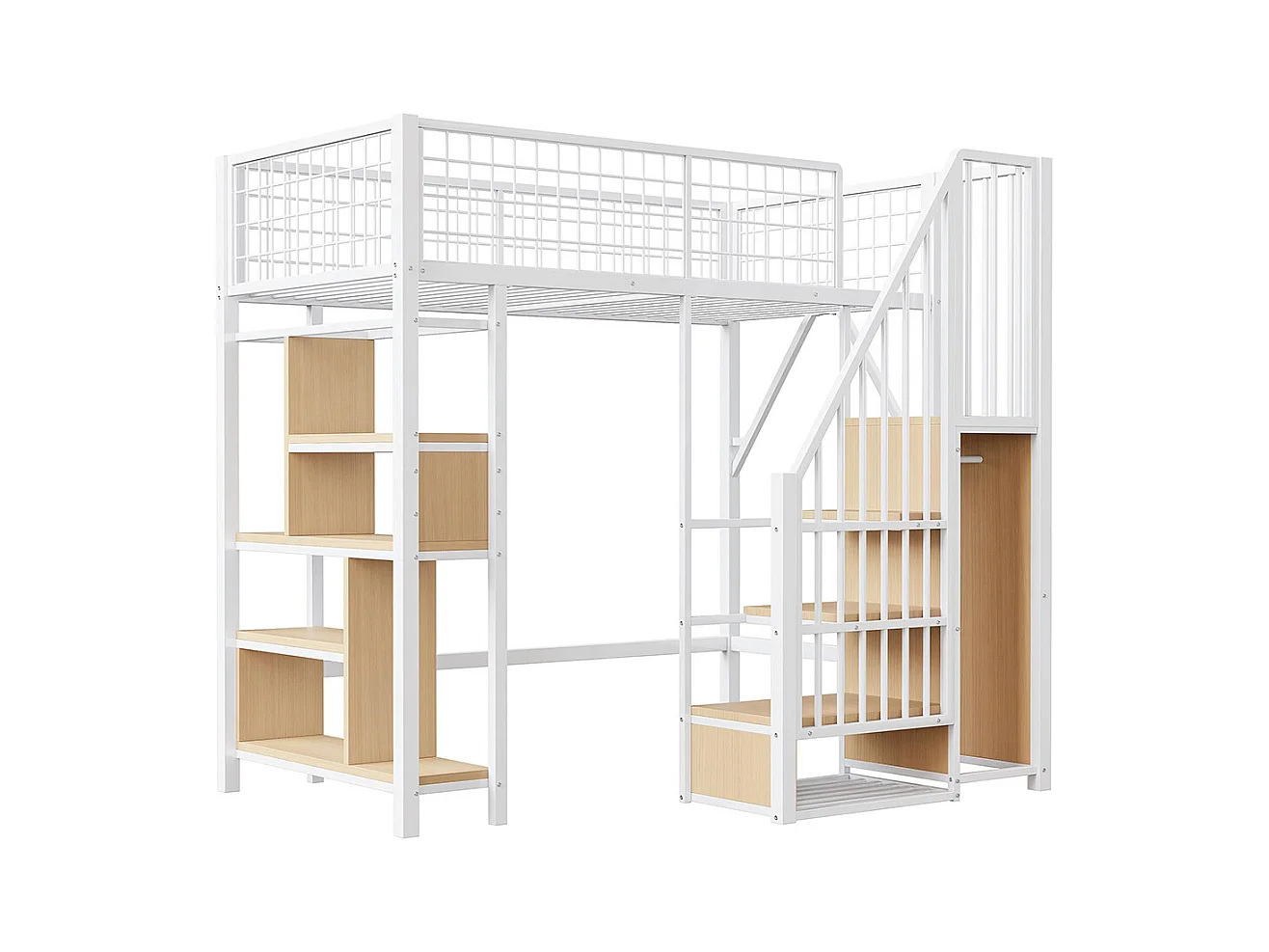 Lit mezzanine multifonctionnel 90x200 cm en métal avec rangement étagères escalier pour adulte et enfant blanc