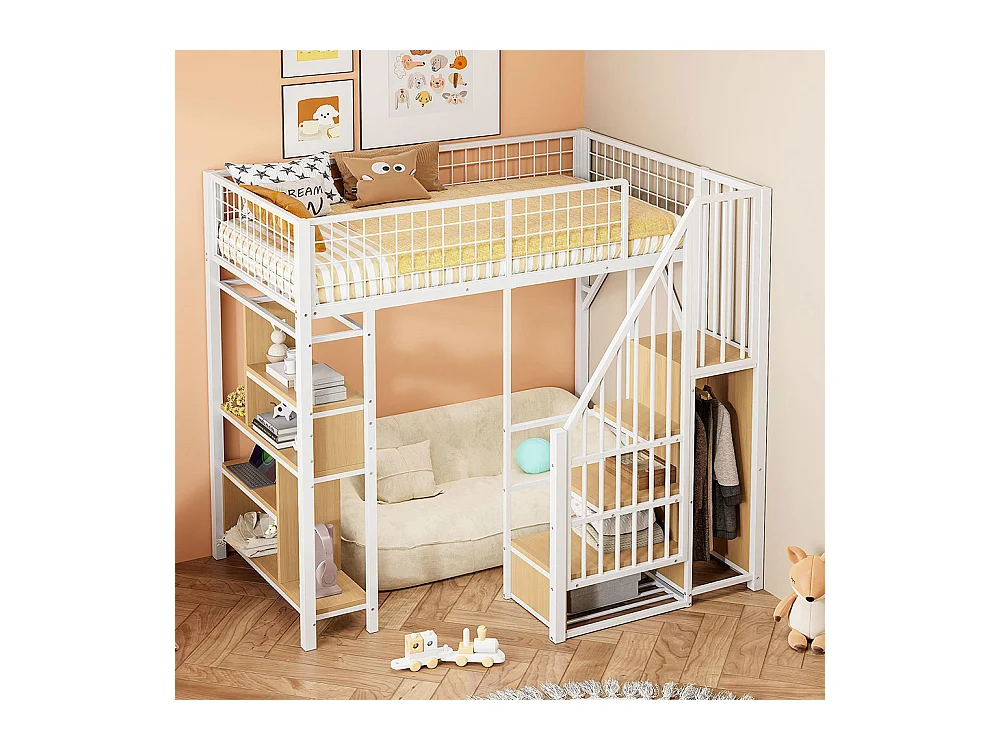 Lit mezzanine multifonctionnel 90x200 cm en métal avec rangement étagères escalier pour adulte et enfant blanc