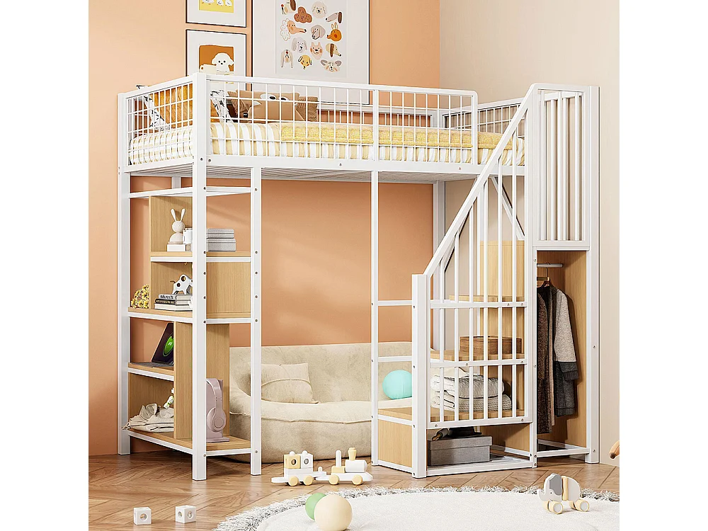 Lit mezzanine multifonctionnel 90x200 cm en métal avec rangement étagères escalier pour adulte et enfant blanc