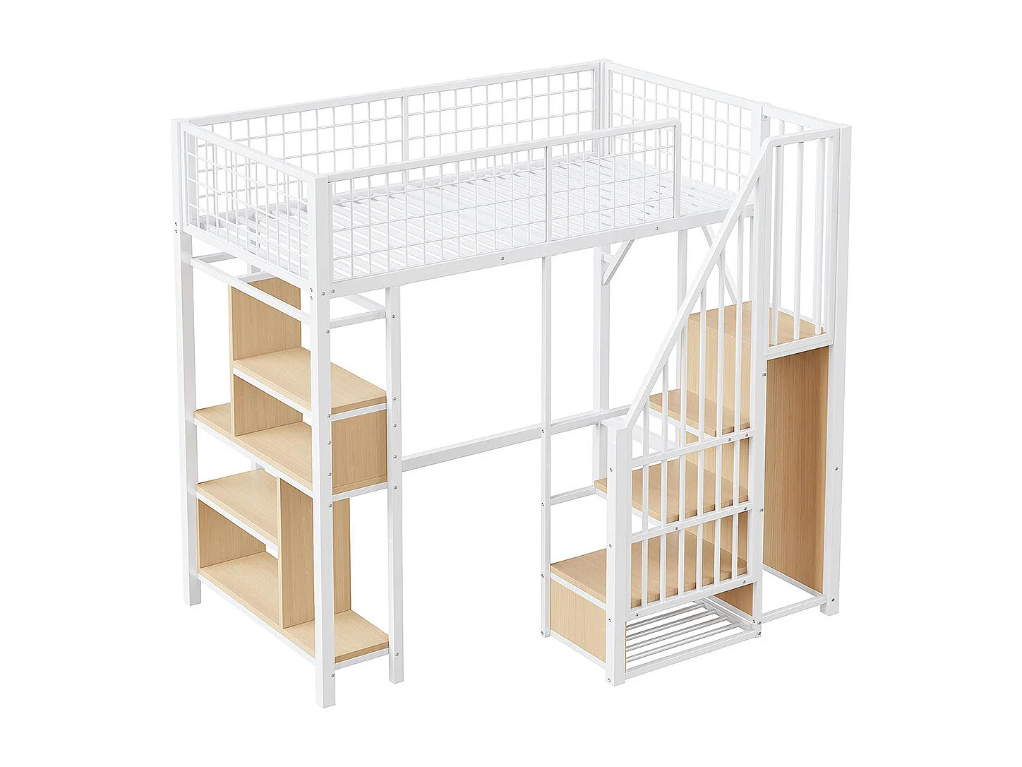 Lit mezzanine multifonctionnel 90x200 cm en métal avec rangement étagères escalier pour adulte et enfant blanc