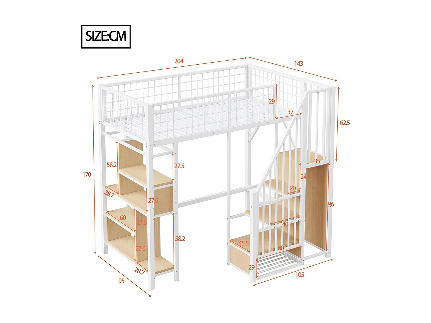 Lit mezzanine multifonctionnel 90x200 cm en métal avec rangement étagères escalier pour adulte et enfant blanc