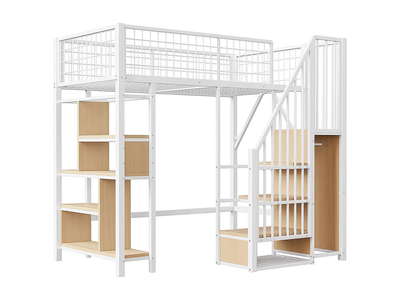 Lit mezzanine multifonctionnel 90x200 cm en métal avec rangement étagères escalier pour adulte et enfant blanc