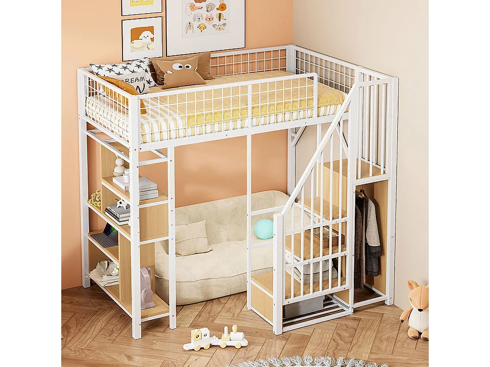 Lit mezzanine multifonctionnel 90x200 cm en métal avec rangement étagères escalier pour adulte et enfant blanc