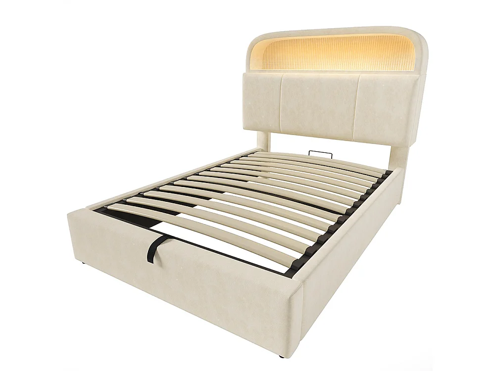 Lit coffre rembourré simple 90x200 cm tête lit réglable hauteur espace rangement hydraulique éclairage LED recharge USB Type-C velours beige avec matelas