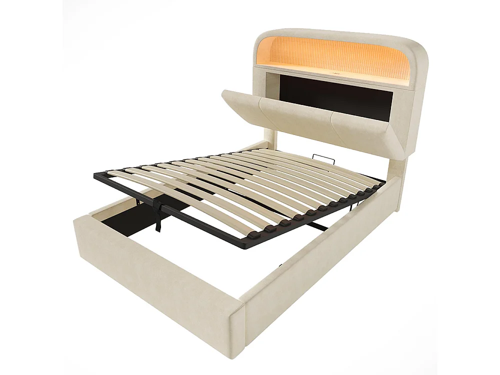 Lit coffre rembourré simple 90x200 cm tête lit réglable hauteur espace rangement hydraulique éclairage LED recharge USB Type-C velours beige avec matelas