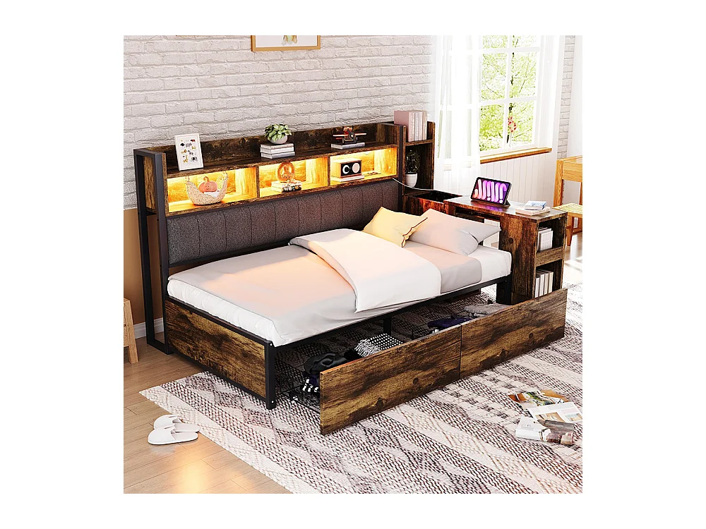 Lit combiné en fer 90x200 cm avec rangement casiers prises multifonctionnelles LED grands tiroirs bureau coulissant couleur bois