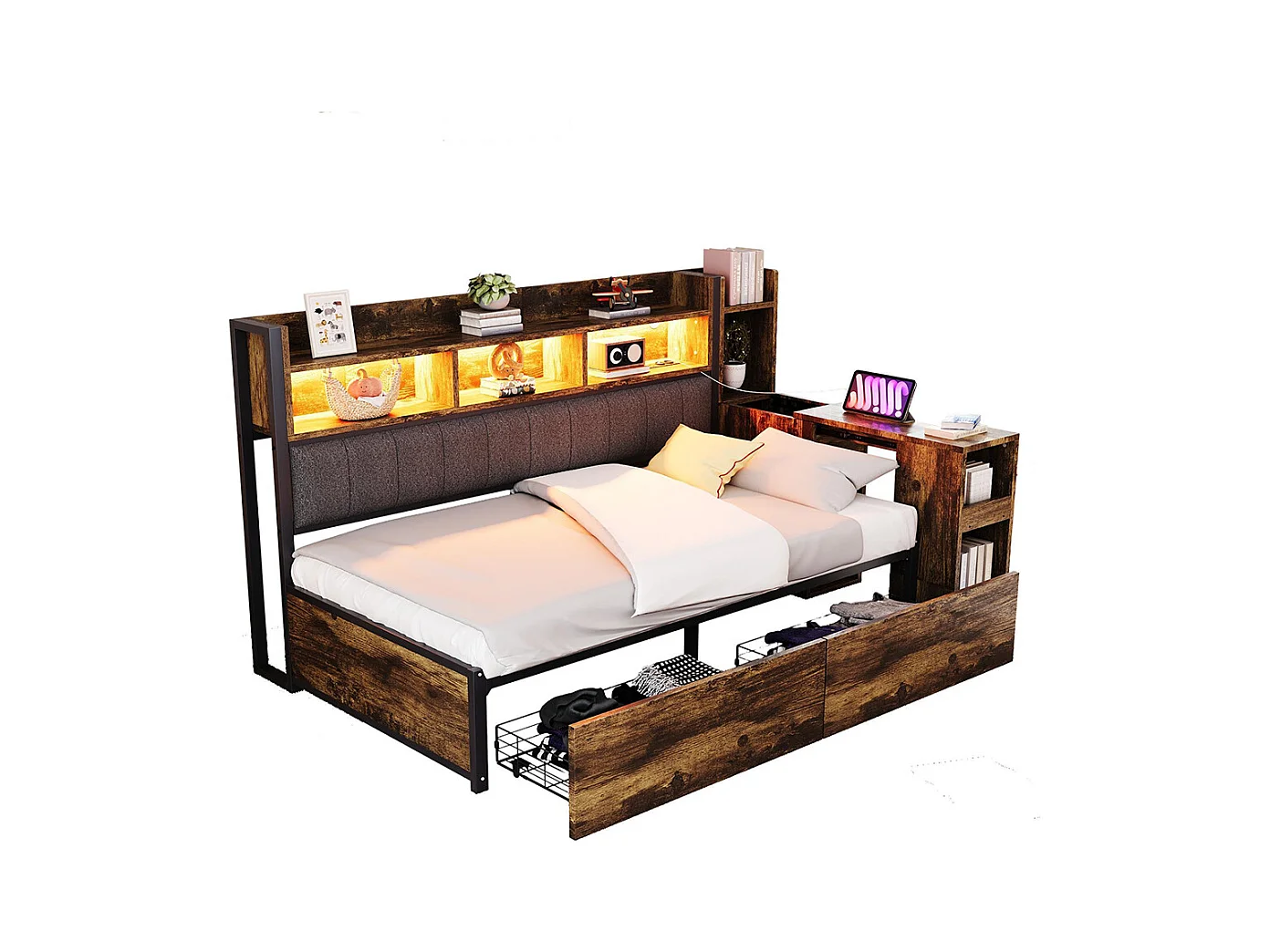 Lit combiné en fer 90x200 cm avec rangement casiers prises multifonctionnelles LED grands tiroirs bureau coulissant couleur bois