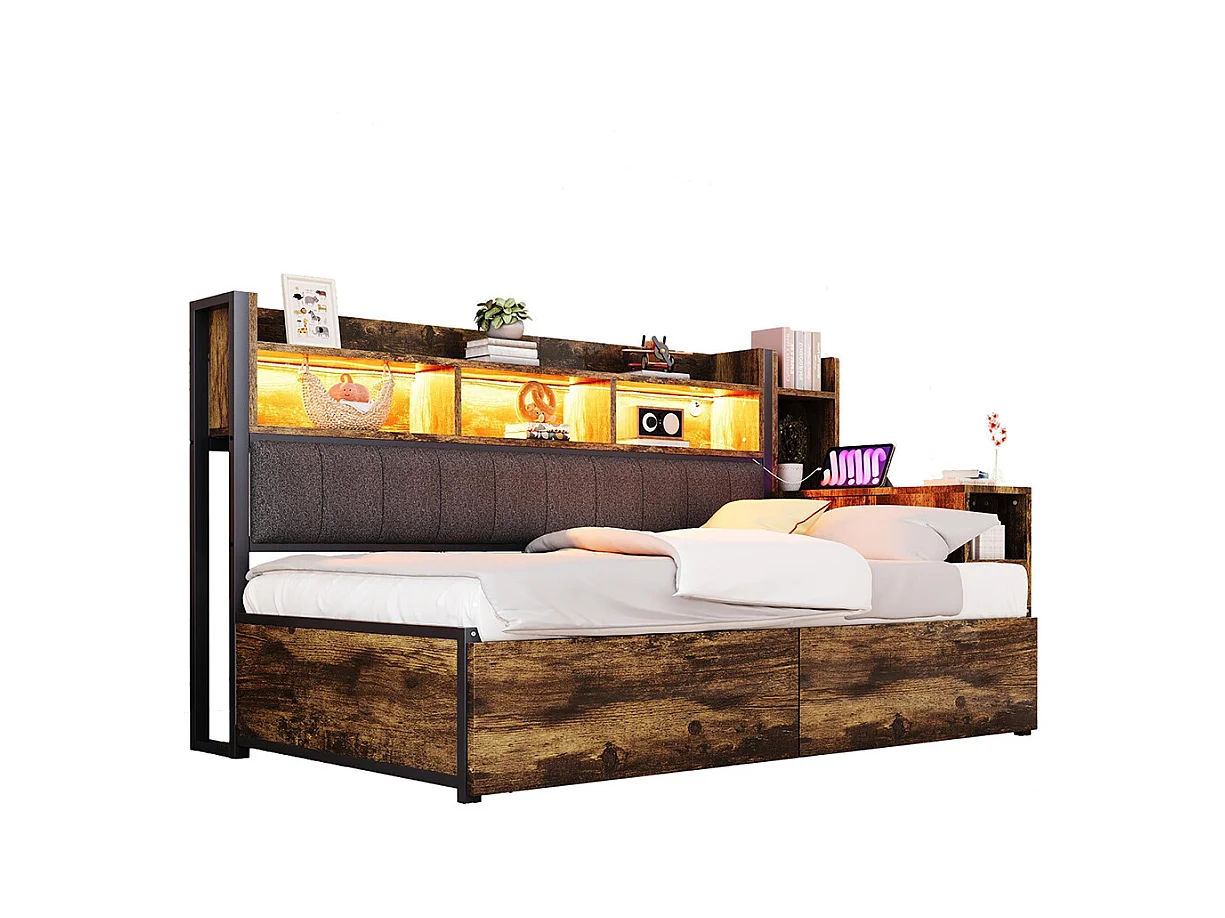 Lit combiné en fer 90x200 cm avec rangement casiers prises multifonctionnelles LED grands tiroirs bureau coulissant couleur bois