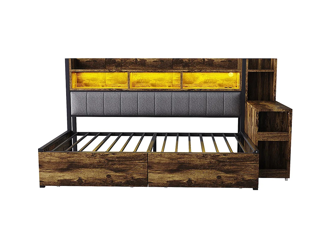 Lit combiné en fer 90x200 cm avec rangement casiers prises multifonctionnelles LED grands tiroirs bureau coulissant couleur bois