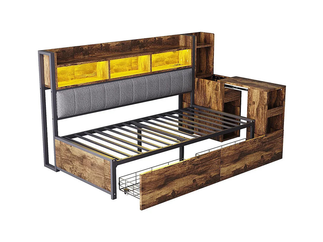 Lit combiné en fer 90x200 cm avec rangement casiers prises multifonctionnelles LED grands tiroirs bureau coulissant couleur bois