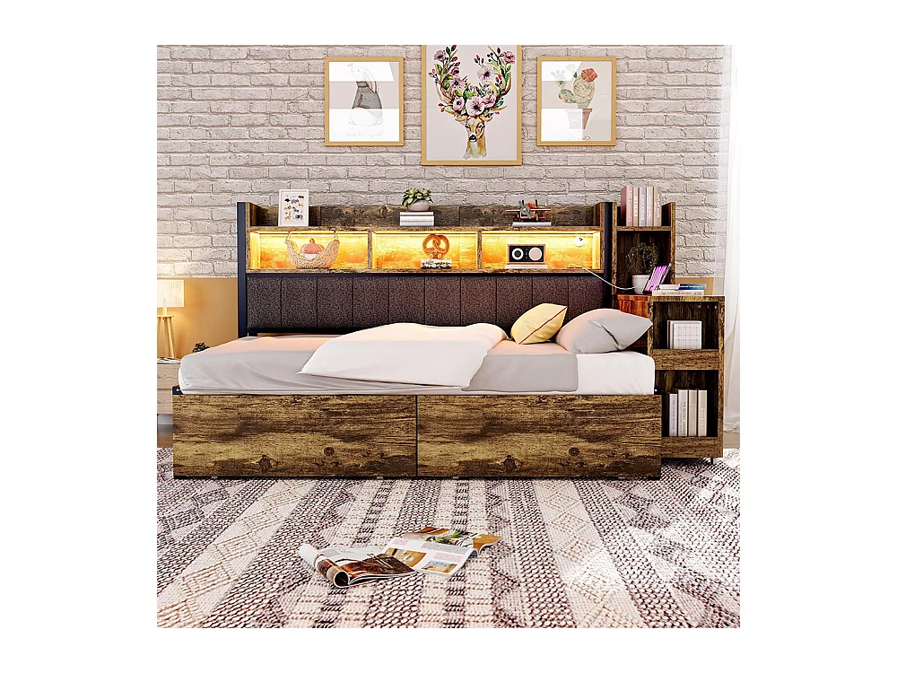 Lit combiné en fer 90x200 cm avec rangement casiers prises multifonctionnelles LED grands tiroirs bureau coulissant couleur bois