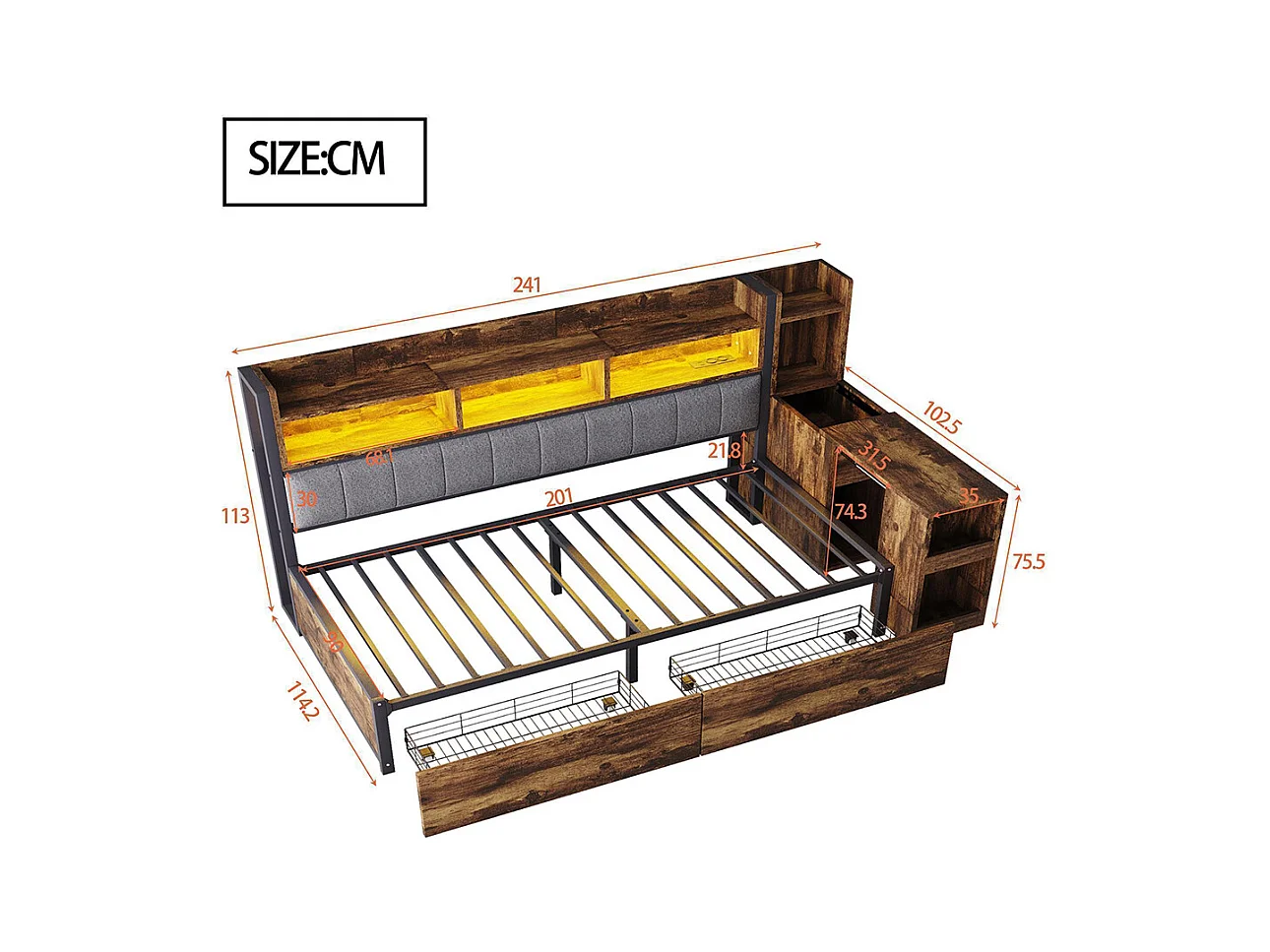 Lit combiné en fer 90x200 cm avec rangement casiers prises multifonctionnelles LED grands tiroirs bureau coulissant couleur bois