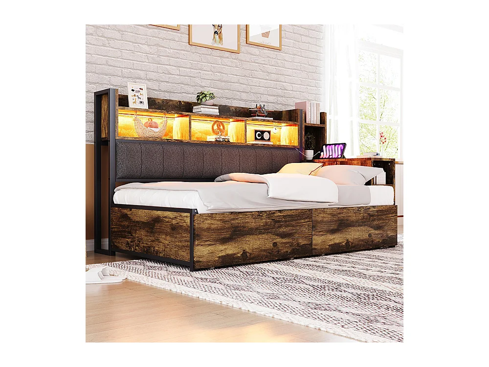 Lit combiné en fer 90x200 cm avec rangement casiers prises multifonctionnelles LED grands tiroirs bureau coulissant couleur bois