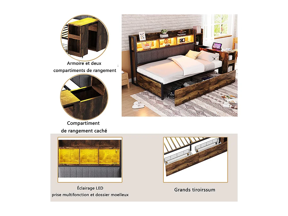 Lit combiné en fer 90x200 cm avec rangement casiers prises multifonctionnelles LED grands tiroirs bureau coulissant couleur bois
