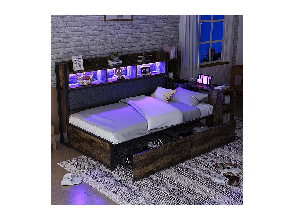 Lit combiné en fer 90x200 cm avec rangement casiers prises multifonctionnelles LED grands tiroirs bureau coulissant couleur bois