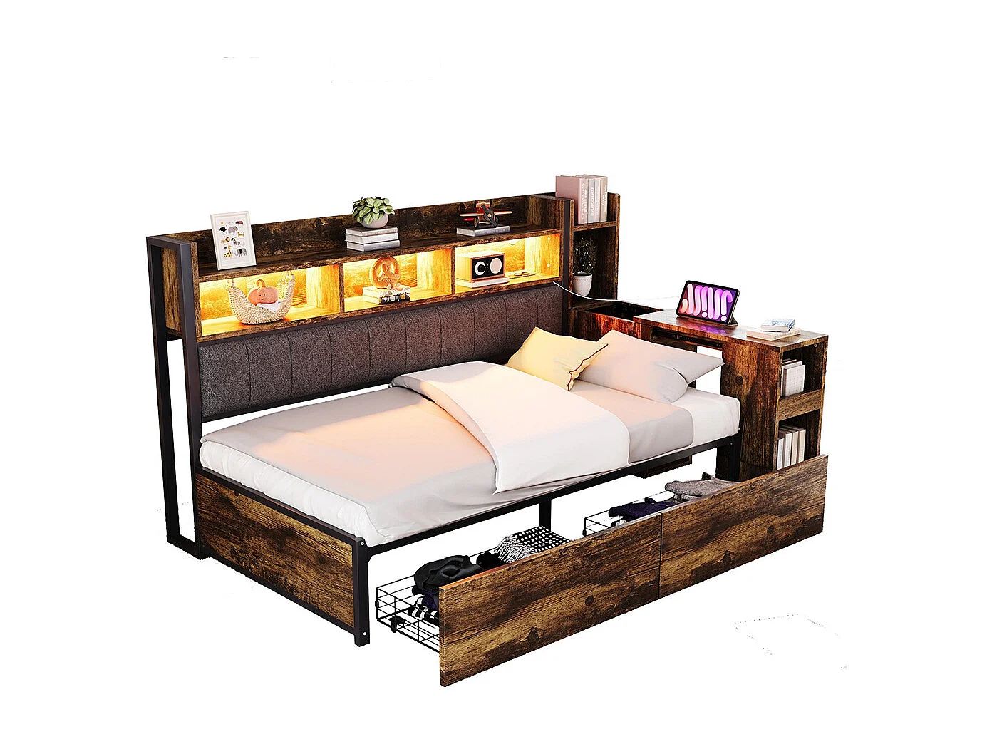 Lit combiné en fer 90x200 cm avec rangement casiers prises multifonctionnelles LED grands tiroirs bureau coulissant couleur bois